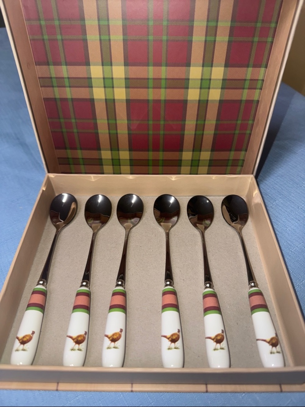 Spode Glen Lodge Pheasant 6 Tea Spoons 15cm/6" Pheasant In Box
